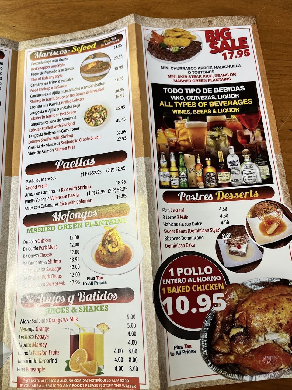 Printed menu showing homestyle dishes.