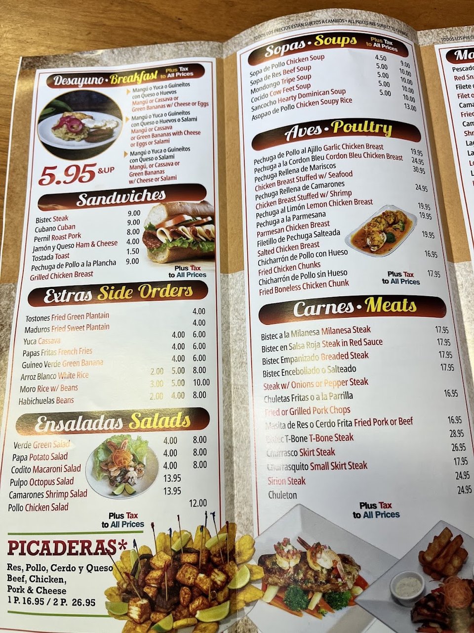 Restaurant menu with breakfast and dinner options.